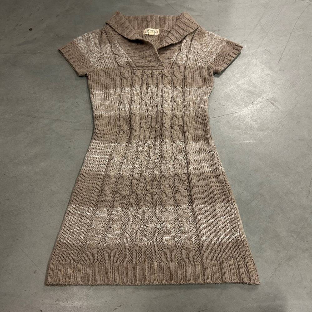 Pink Rose Women Medium Tan Beige Cable Knit Short Sleeve Shawl Collar Mini Dress